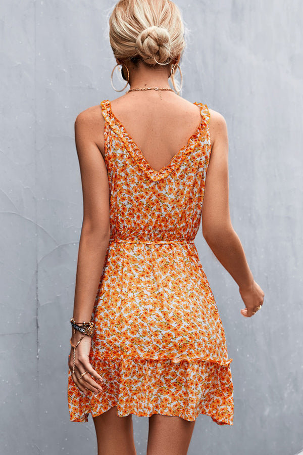 V Neck Floral Print Frill Sleeveless Casual Dress