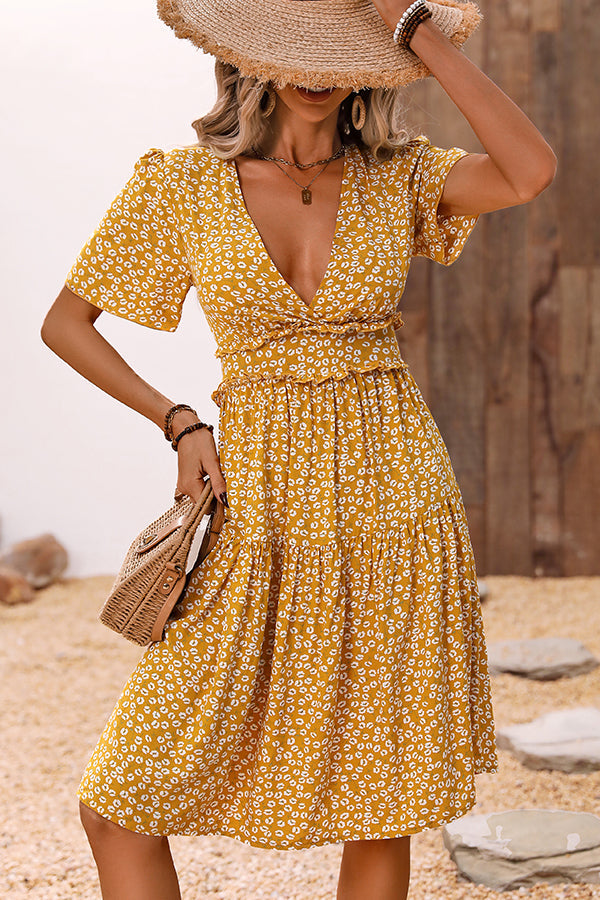 Fashion Floral Print V Neck Casual Dress