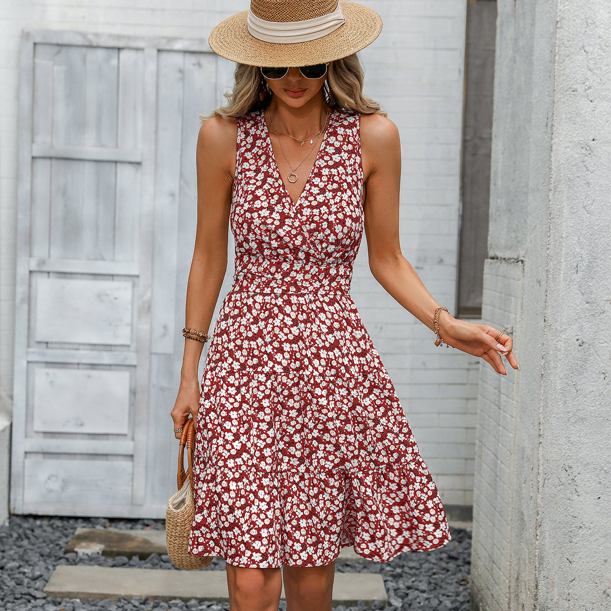 Fashion V Neck Floral Print Tie Waist Dress