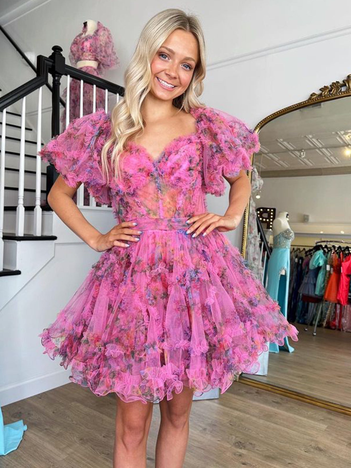 Ivana Pink A-Line Off-Shoulder Floral Print Homecoming Dress