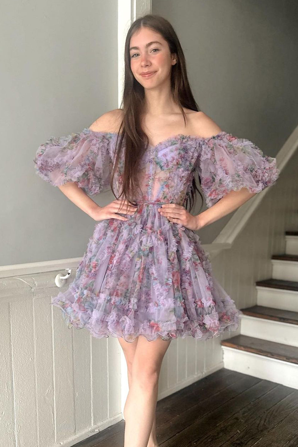 Ivana A-Line Off-the-Shoulder Printed Homecoming Dress