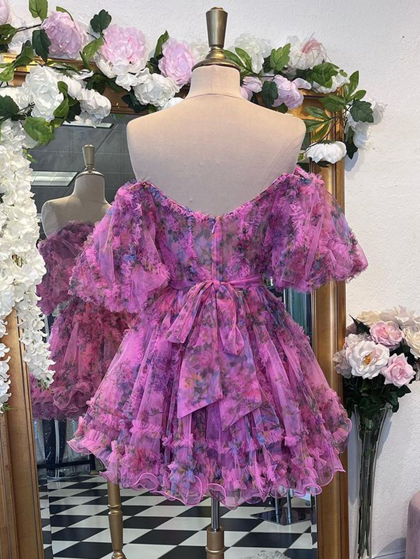 Ivana Pink A-Line Off-Shoulder Floral Print Homecoming Dress