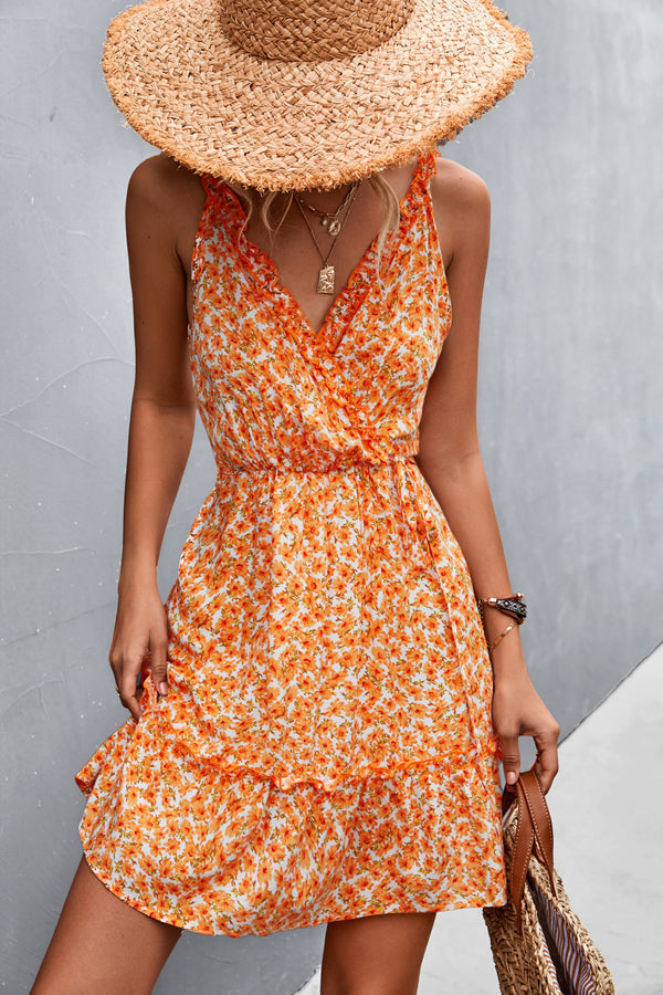 V Neck Floral Print Frill Sleeveless Casual Dress