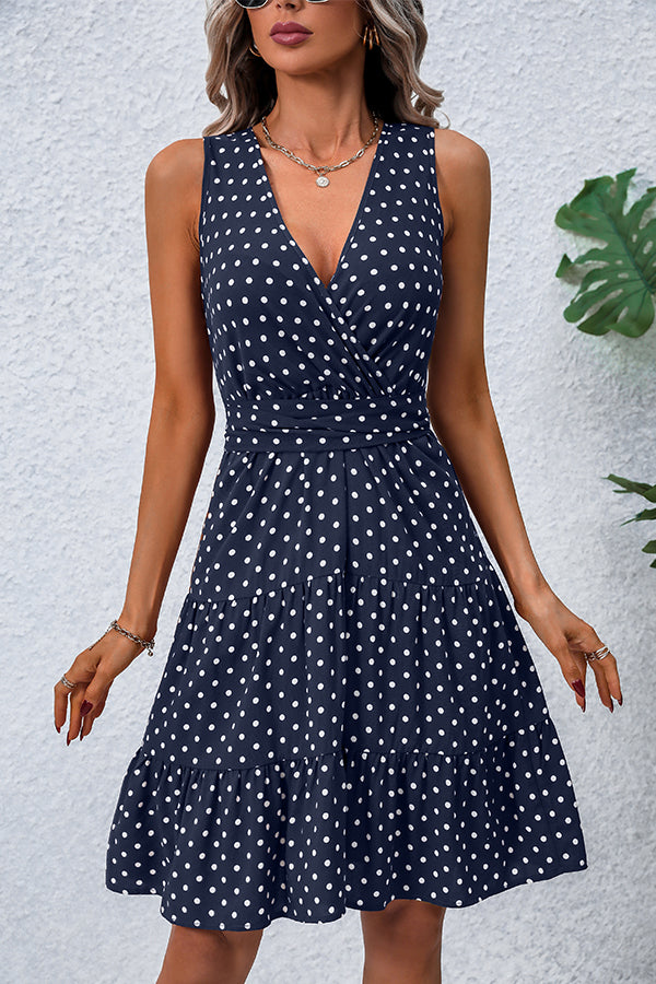 Dots Print V Neck Sleeveless Tie Waist Dress