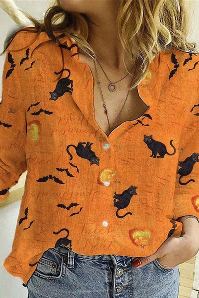 Halloween Pumpkin Print Orange Long Sleeve Shirt