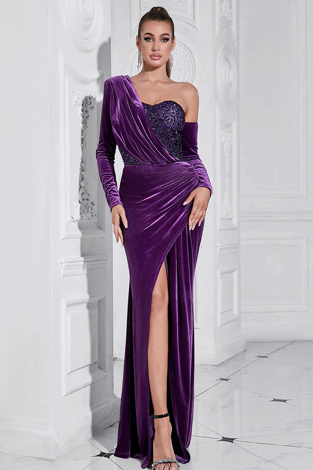 Dark Purple One Shoulder Pleated Long Sleeves Evening Dress with Slit