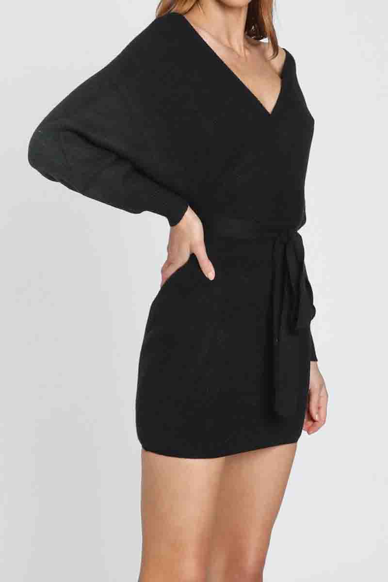 V Neck Knit Sweater Dress（3 Colors）