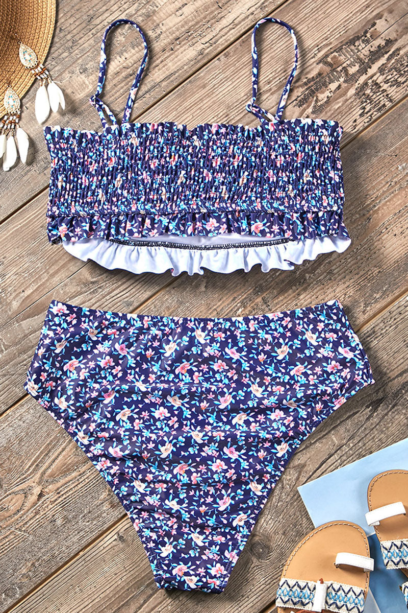 Floral Print Blue Two Pieces Swimsuit