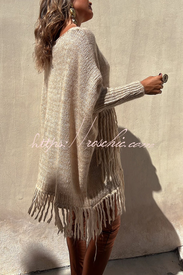 Coming with You Knit Tassel Trim Pocketed Loose Sweater-1