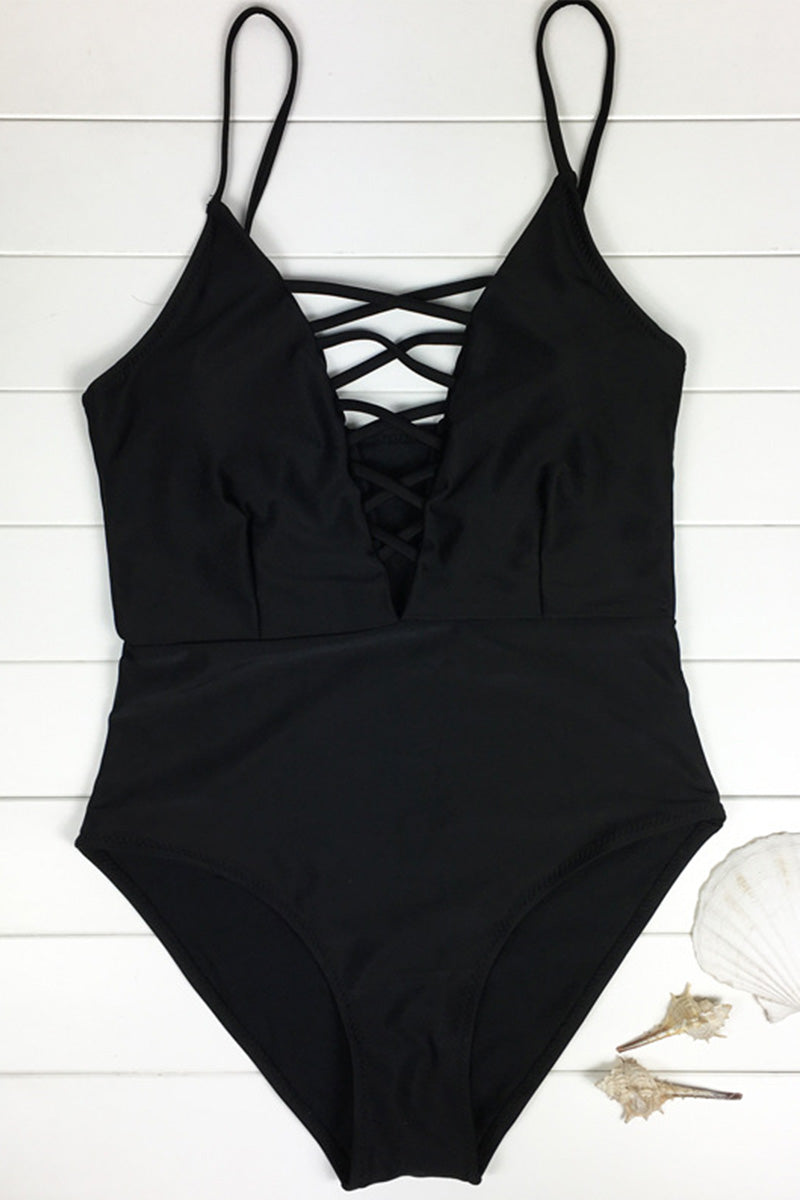 Spaghetti Strap Hollow-out Black One-piece Swimsuit