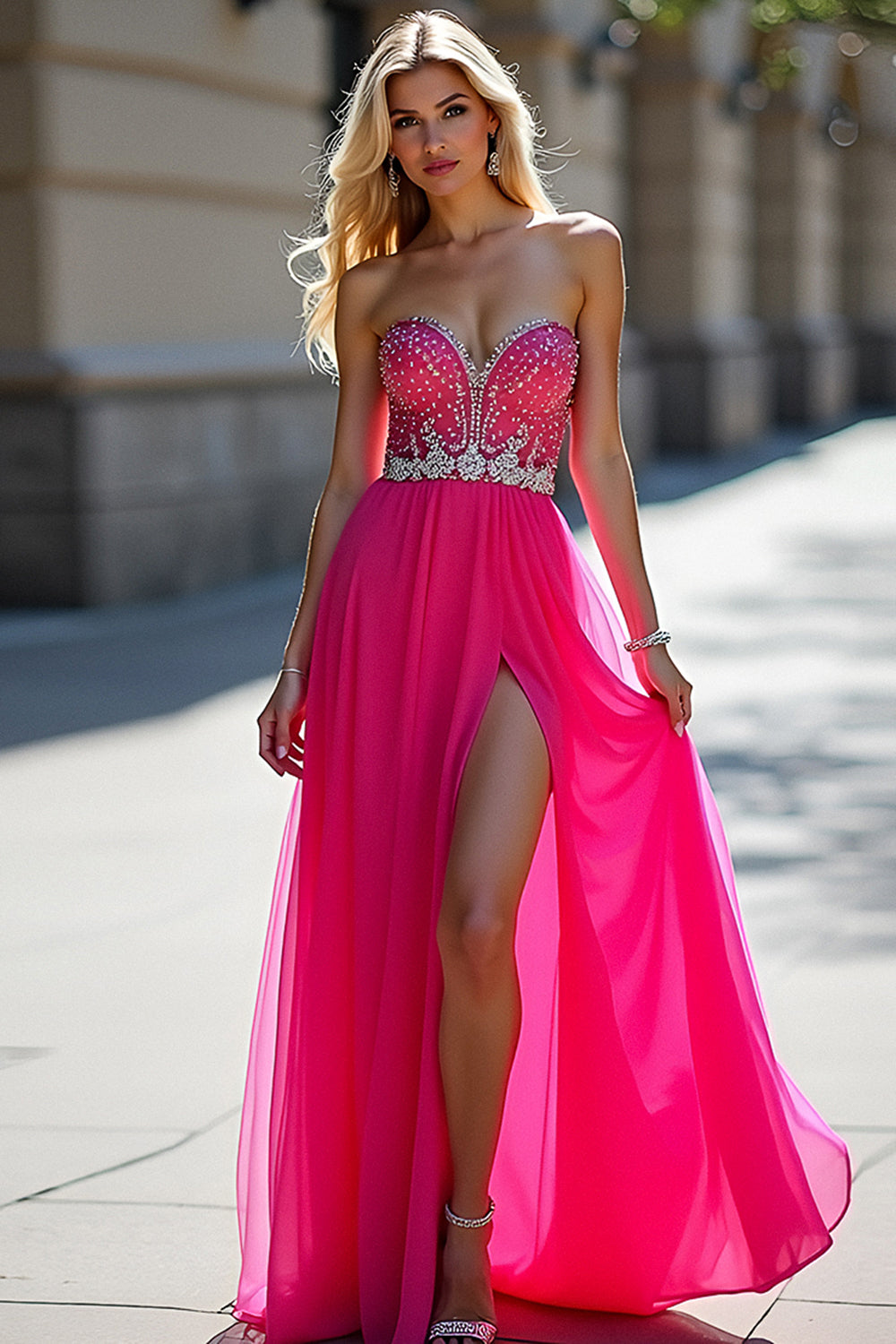 Fuchsia Beads Strapless A Line Tulle Prom Dress with Slit