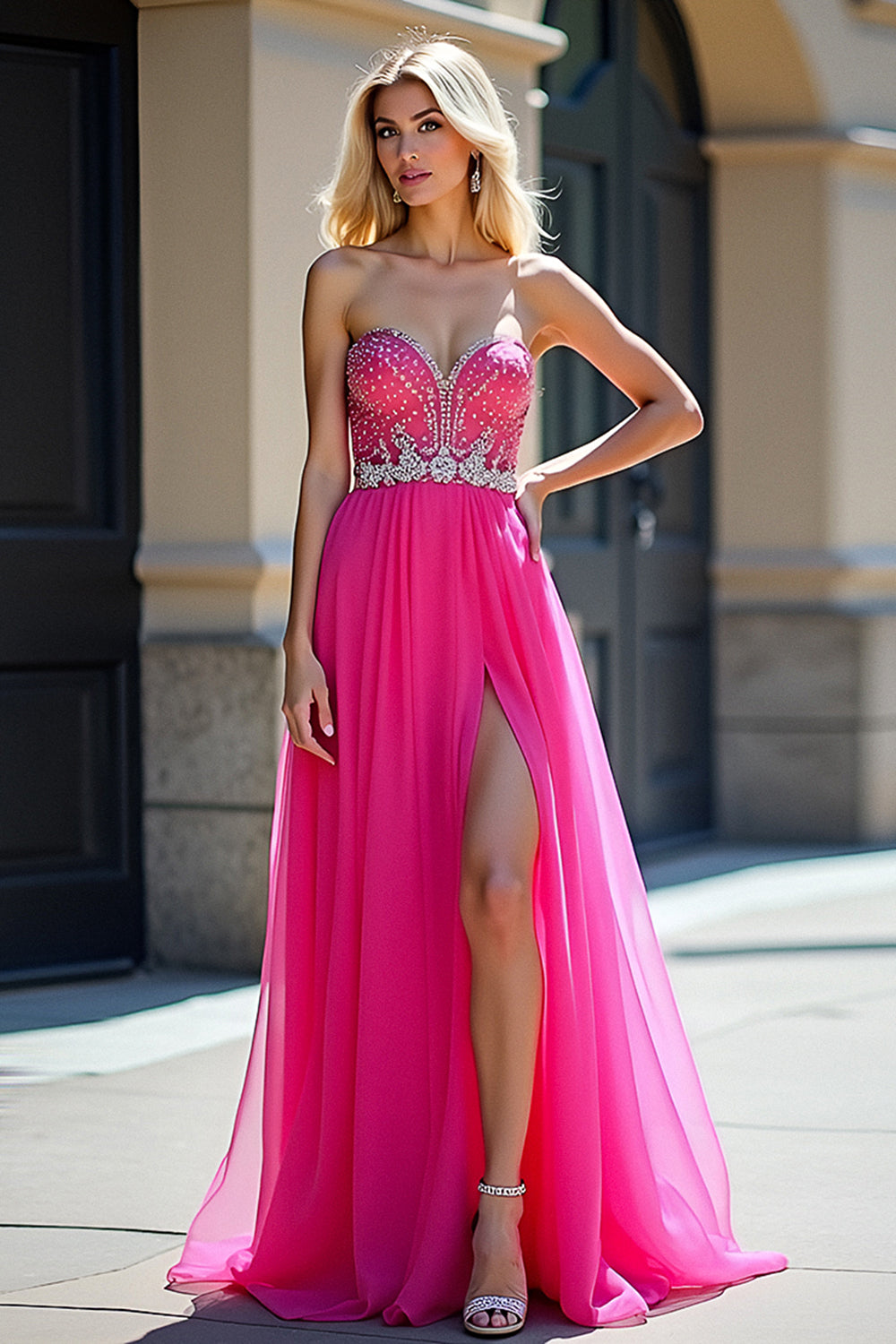 Fuchsia Beads Strapless A Line Tulle Prom Dress with Slit