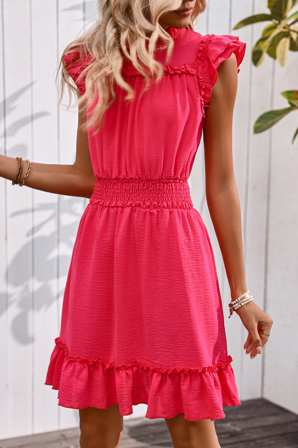 Smocked Waist Solid Color Ruffle Hem Mini Dress