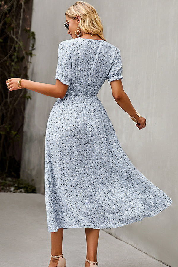 Fashion V Neck Smocked Chest Floral Print Maxi Dress