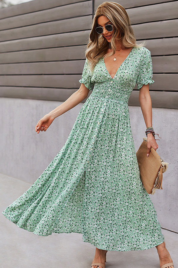 Deep V Neck Smocked Chest Floral Print Maxi Dress