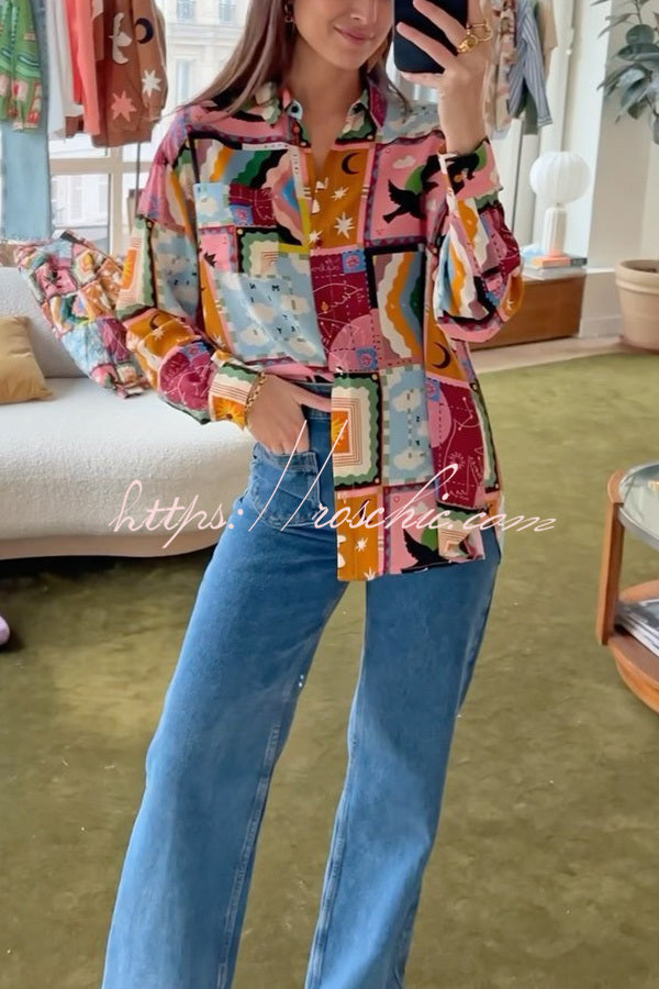 Fashionable Colorful Unique Print Button-down Relaxed Blouse