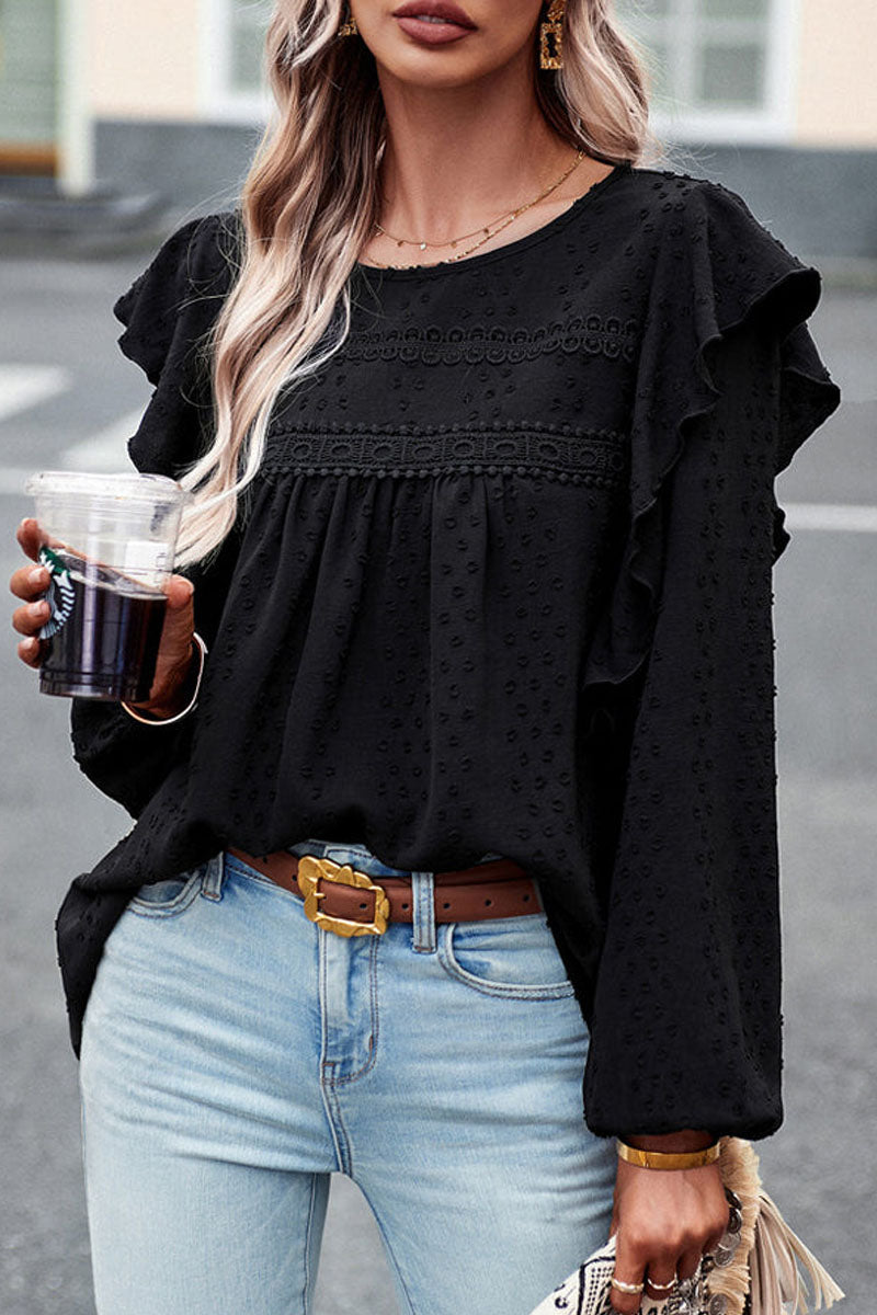 Long Sleeve Ruffle Round Neck Casual Tops