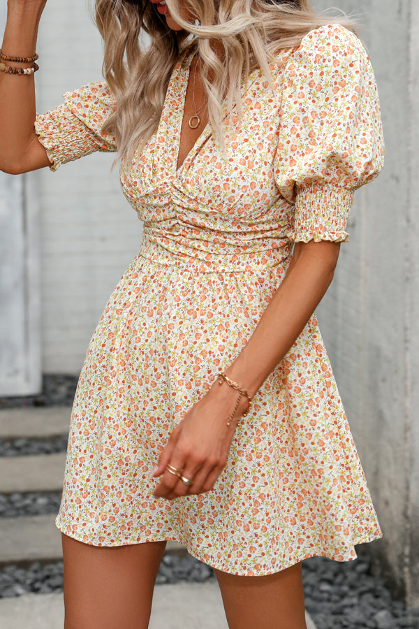 Floral Print Deep V Neck Mini Dress