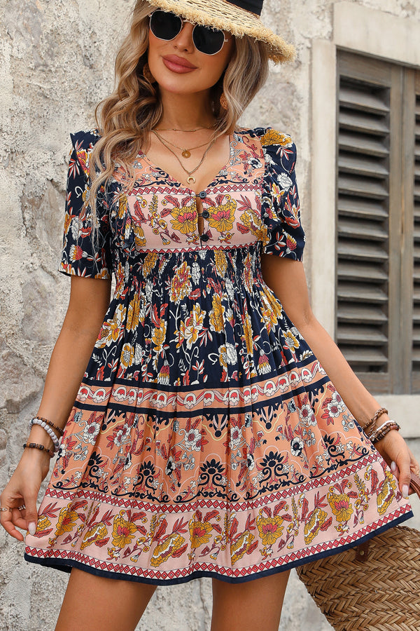 Fashion Bohemia Print Ruffle Hem Mini Dress