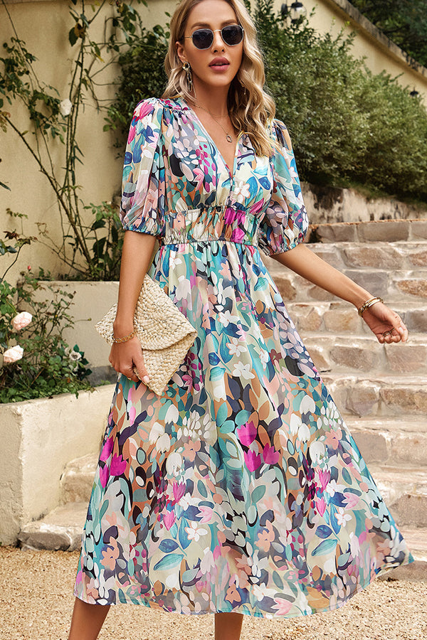 V Neck Smocked Waist Floral Print Maxi Dress