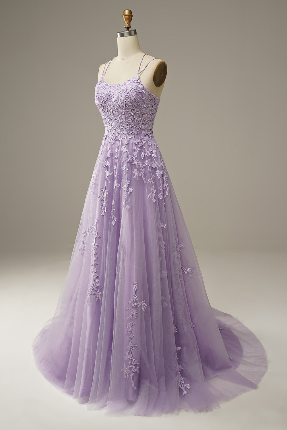 A-Line Purple Spaghetti Straps Long Prom Dress with Appliques