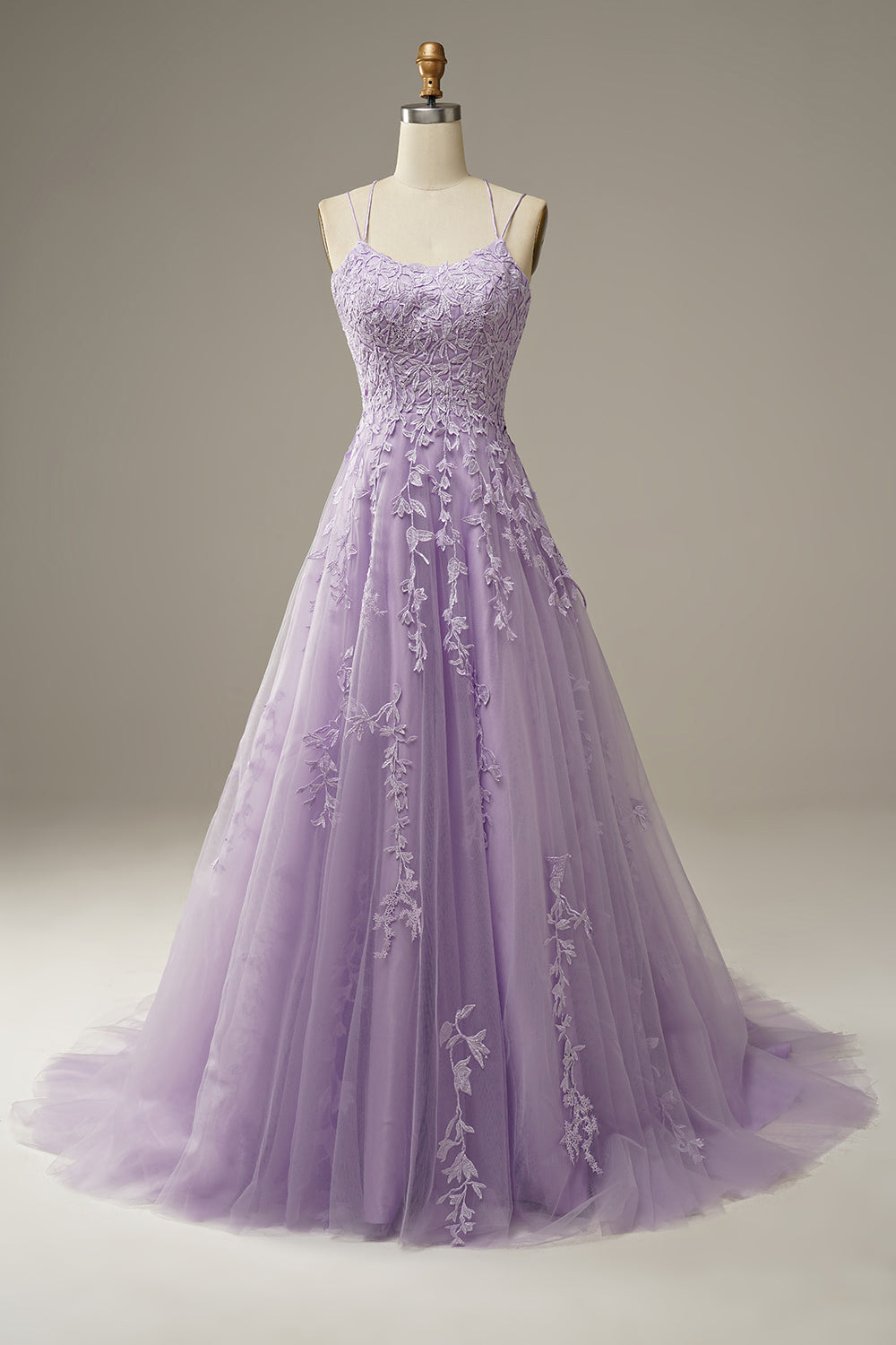 A-Line Purple Spaghetti Straps Long Prom Dress with Appliques