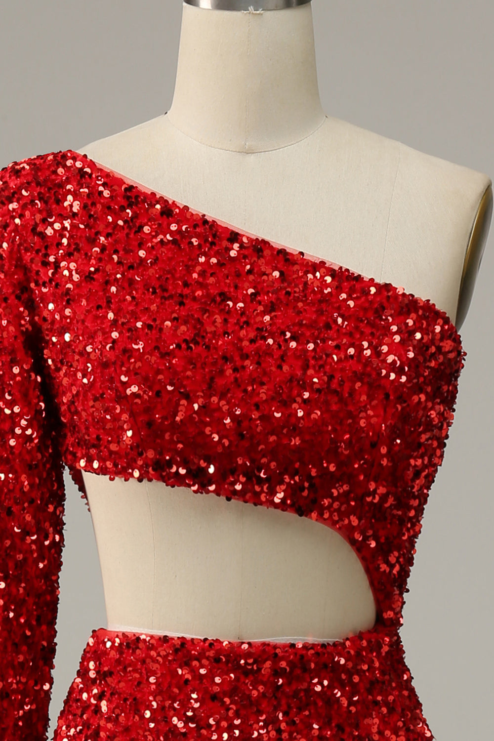 Mermaid One Shoulder Red Sequins Cut Out Prom Dress with Slit Front