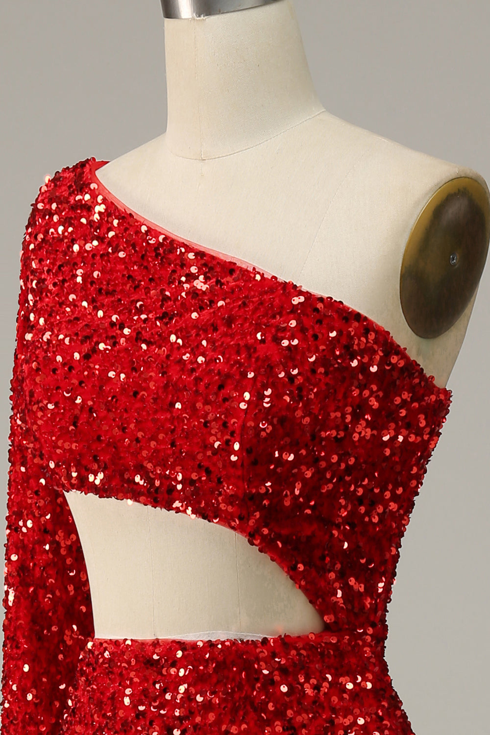 Mermaid One Shoulder Red Sequins Cut Out Prom Dress with Slit Front