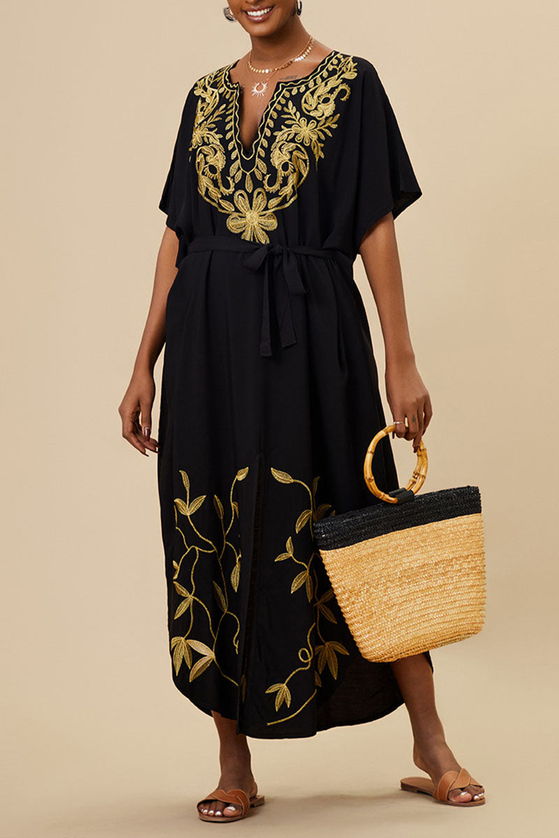 Beach Vacation Gold Embroidered Belt Cover Up Dress