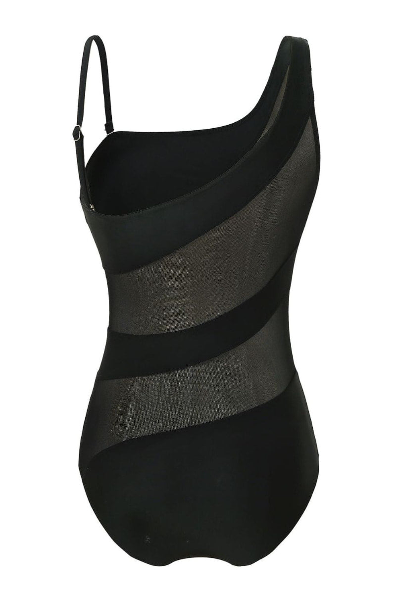 One Shoulder Patchwork Black One-piece Swimsuit