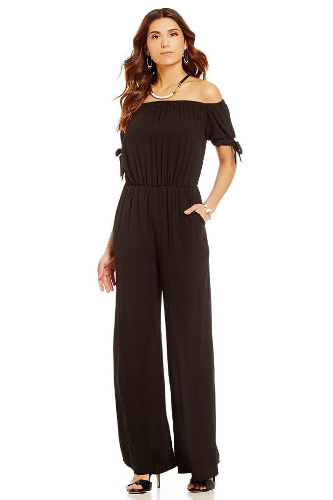 Off-the-shoulder Knot Cuff Chiffon Jumpsuit - Mislish