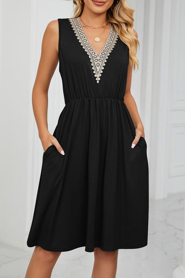 V Neck Patchwork High Waist Solid Color Dress