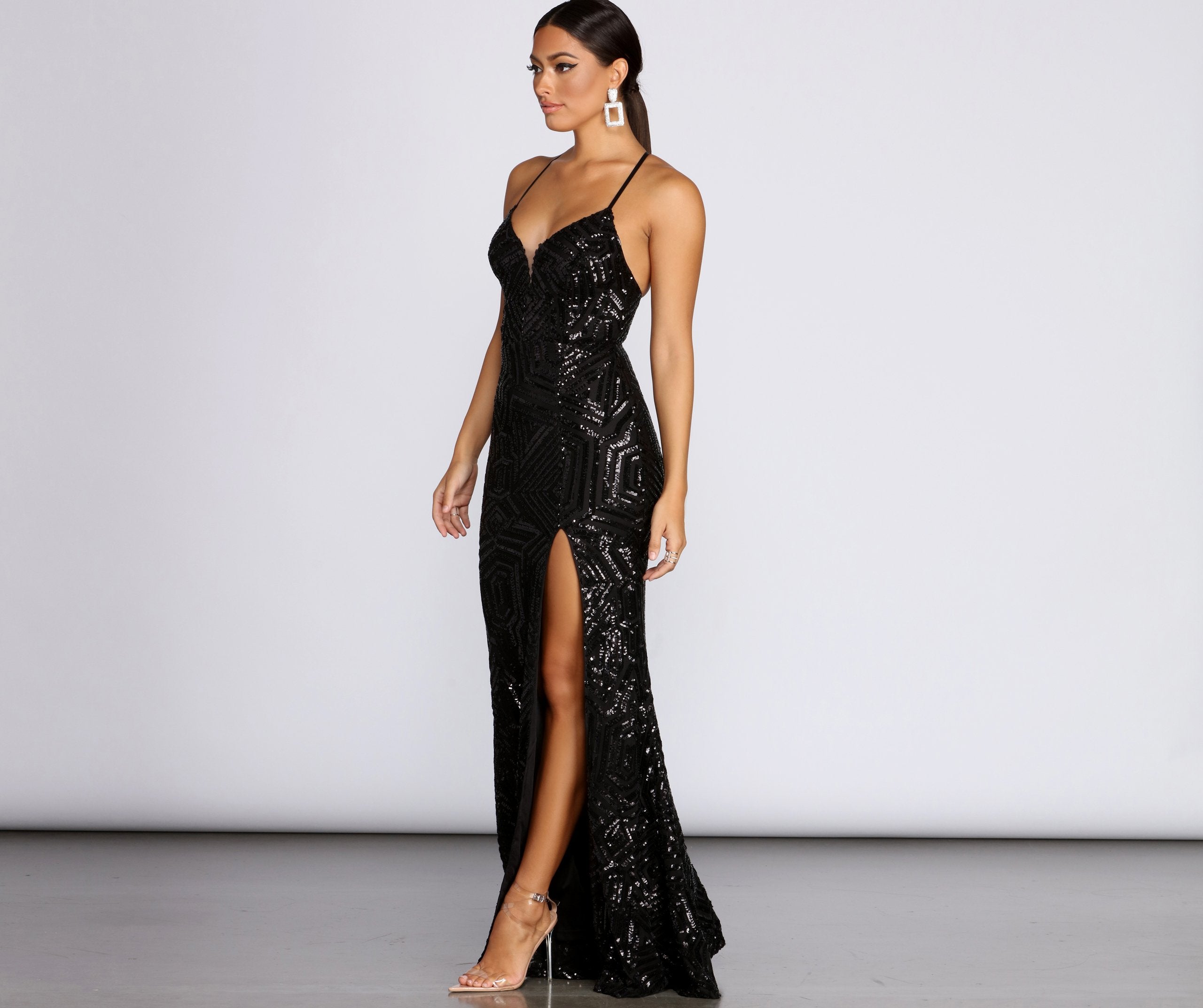 Deirdre Sequin Mesh Slit Gown - Fashionpara