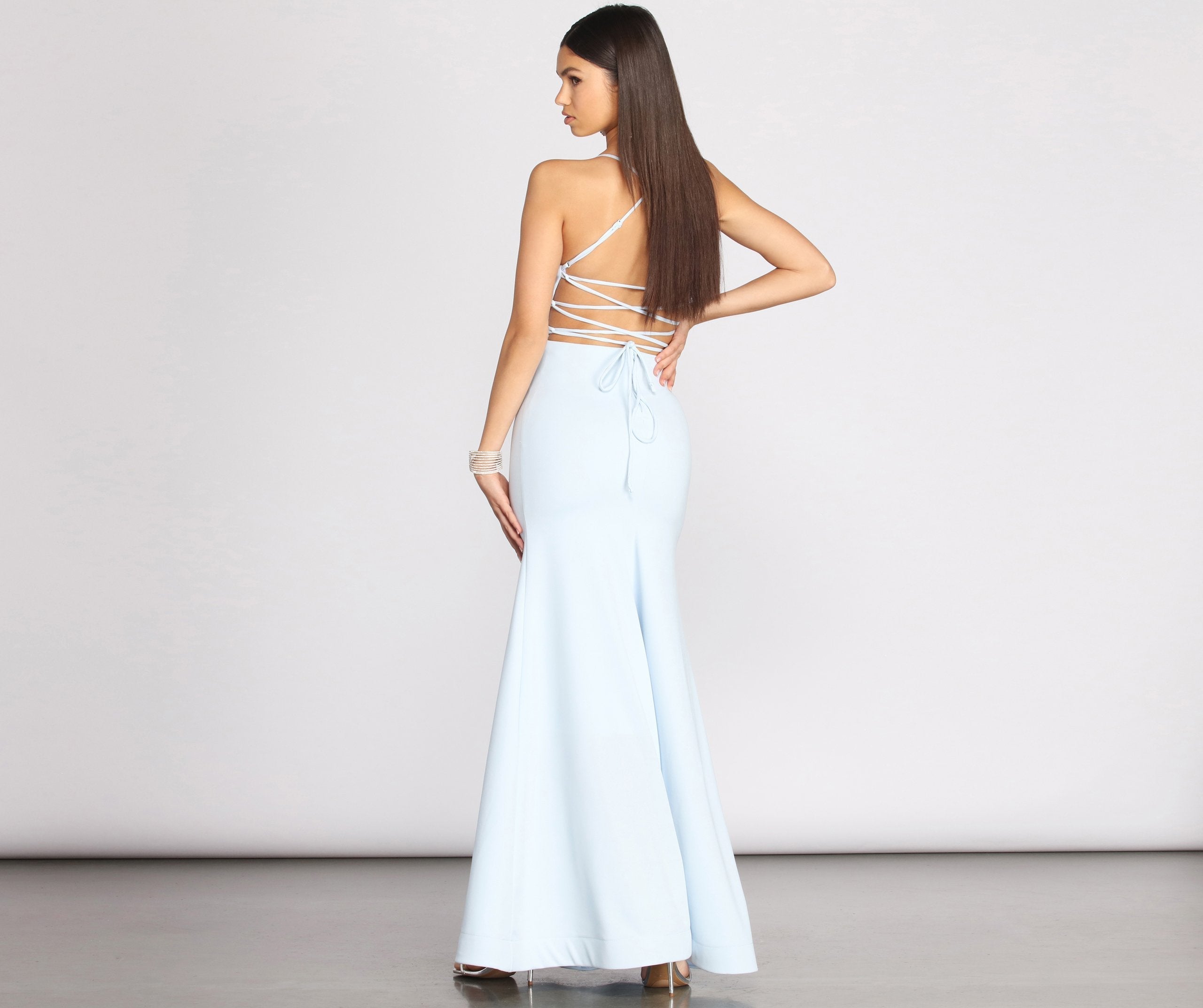 Billie Crepe Lace Up Mermaid Gown - Fashionpara