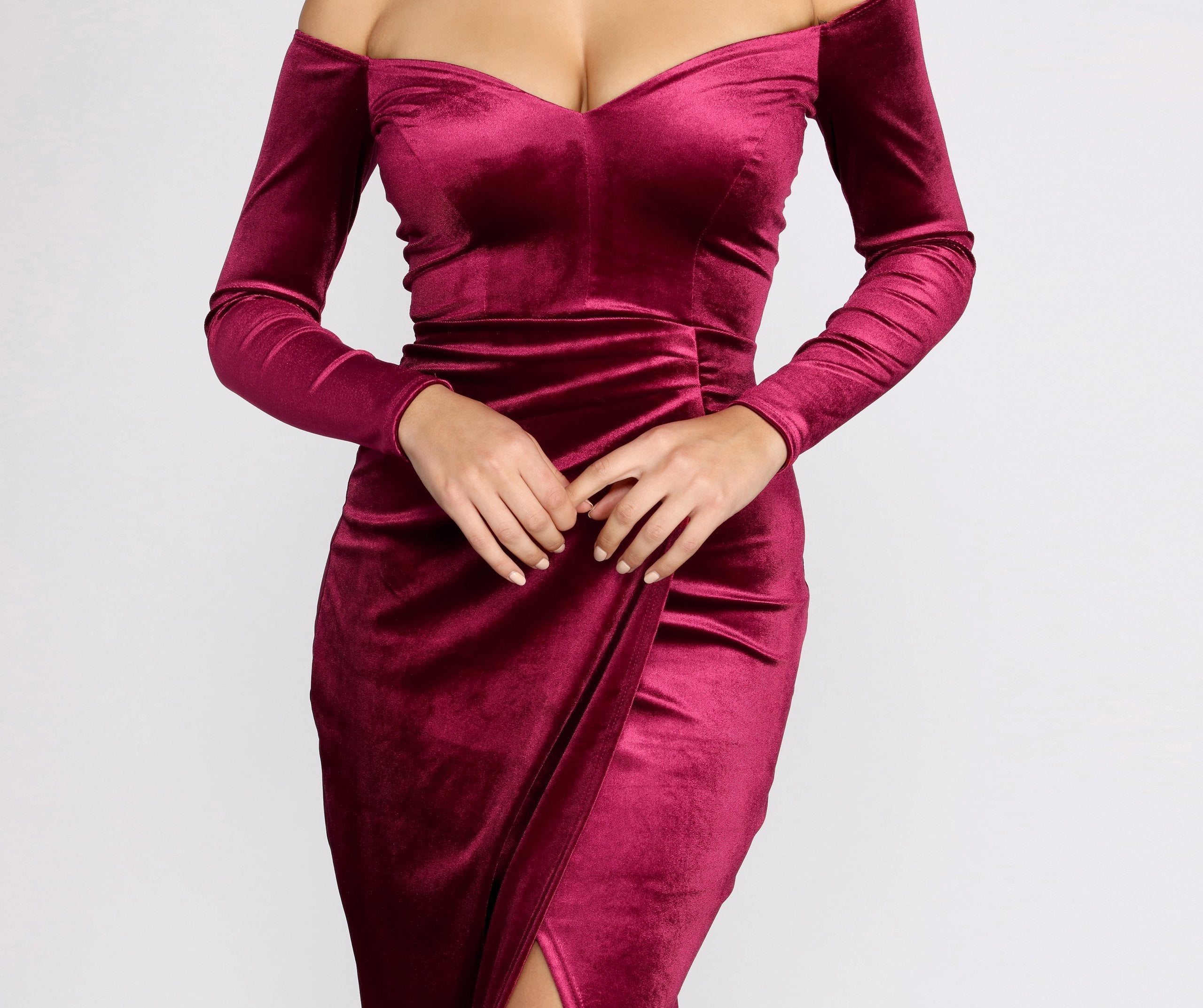 Celeste Off The Shoulder Wrap Front Velvet Dress - Fashionpara