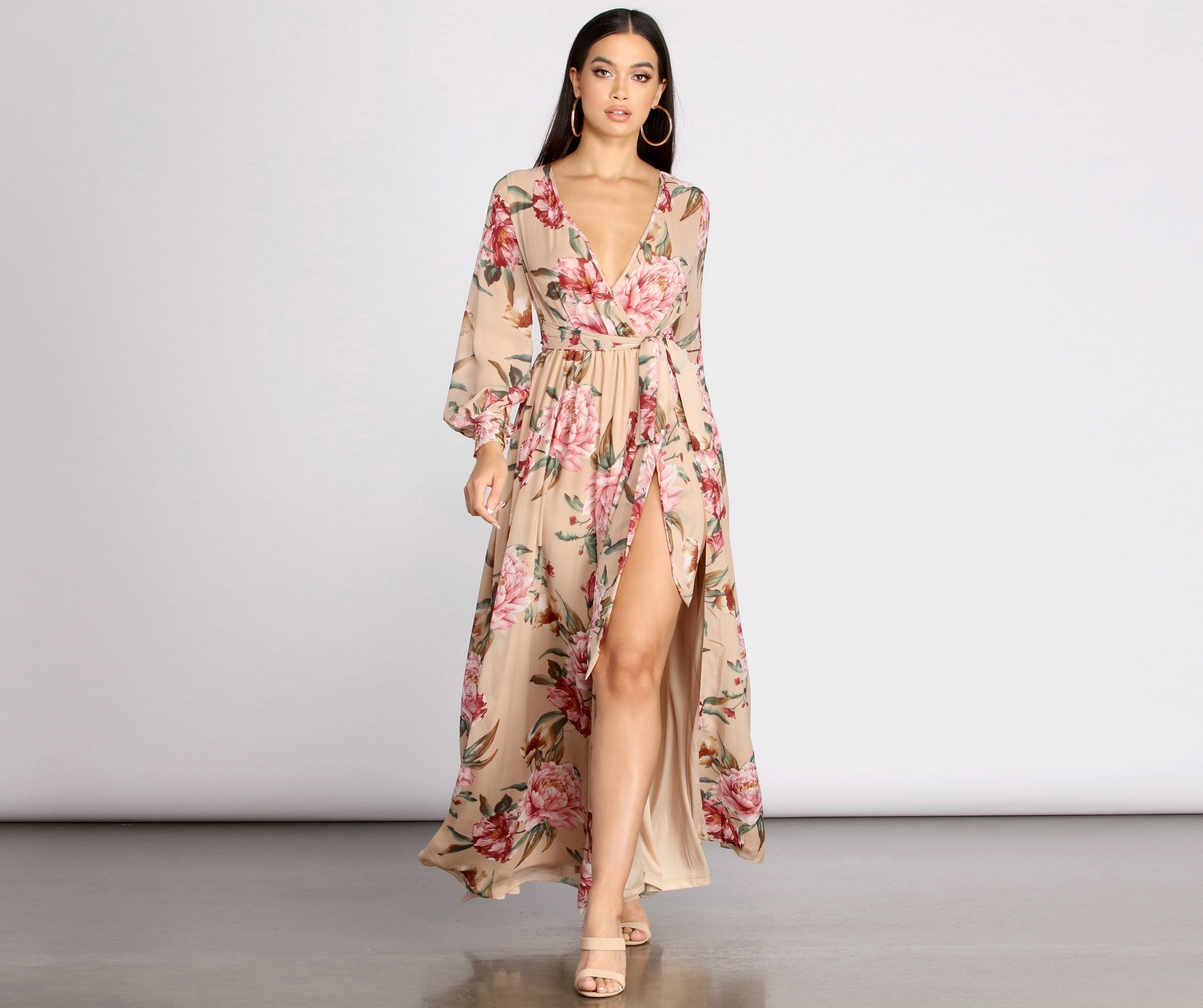 Caralisa Floral Chiffon High Slit Dress - Fashionpara