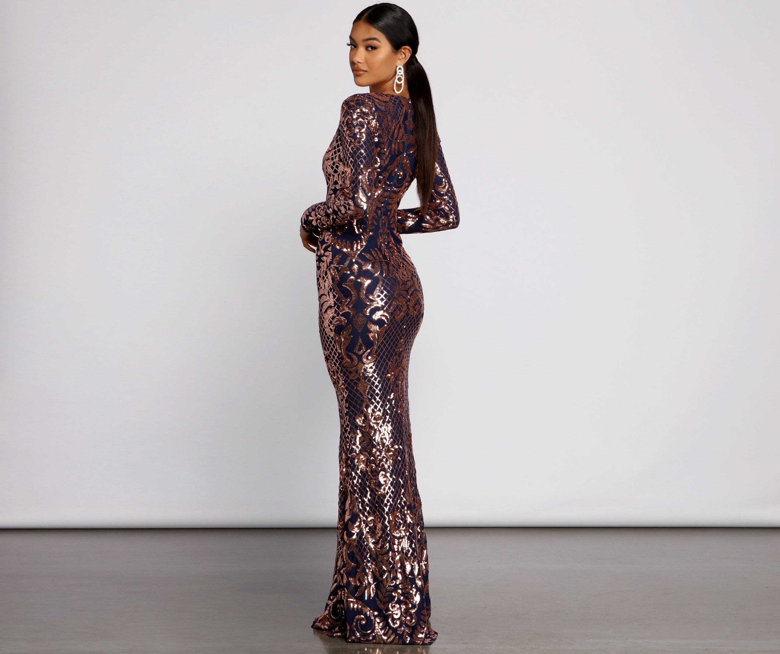 Ayla Formal Long Sleeve Sequin Scroll Dress - Fashionpara