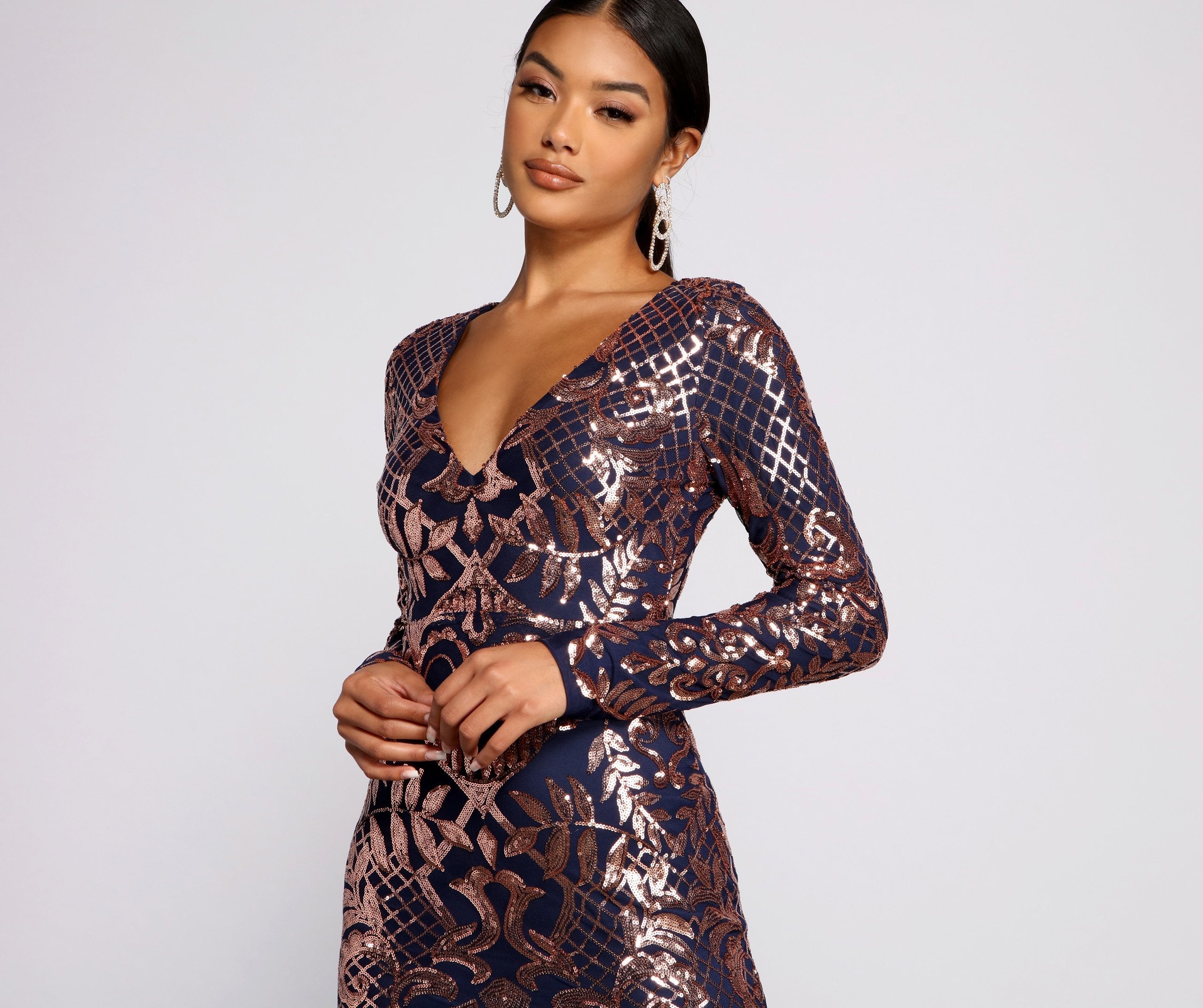 Ayla Formal Long Sleeve Sequin Scroll Dress - Fashionpara