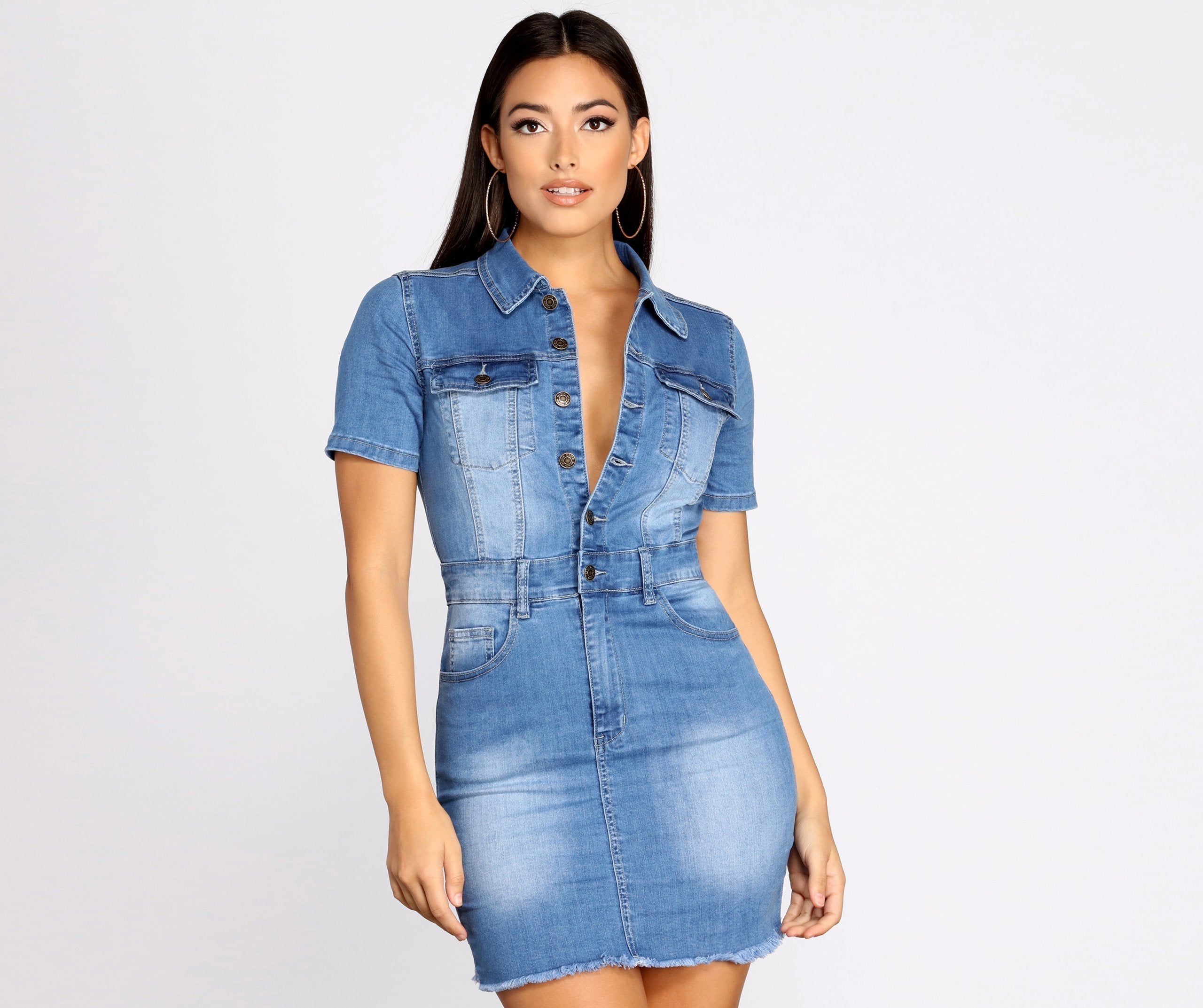 Button Up In Denim Frayed Dress - Fashionpara