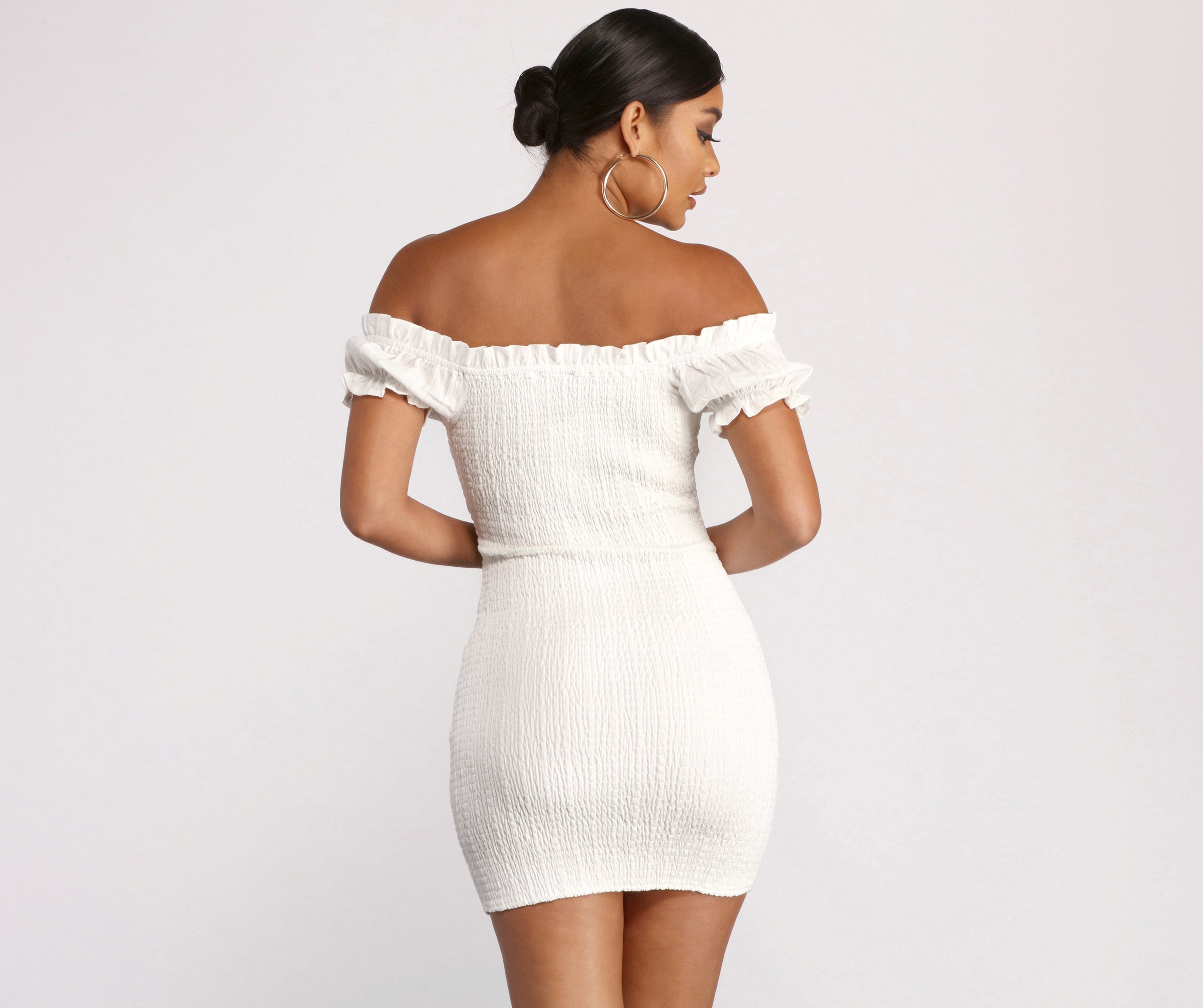 Show 'Em Off Shoulder Smocked Mini Dress - Fashionpara