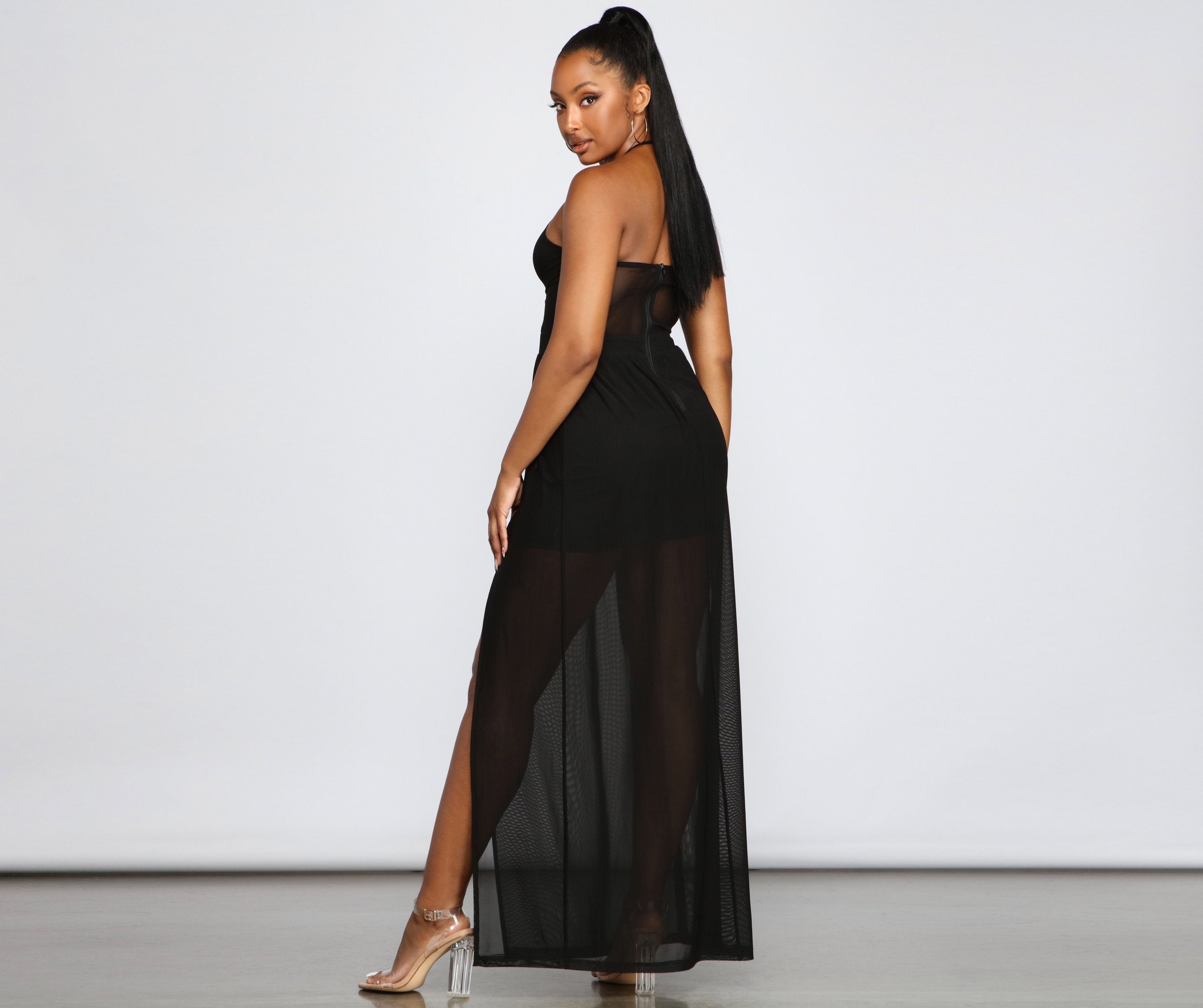 Sheer Appeal High Slit Halter Dress - Fashionpara