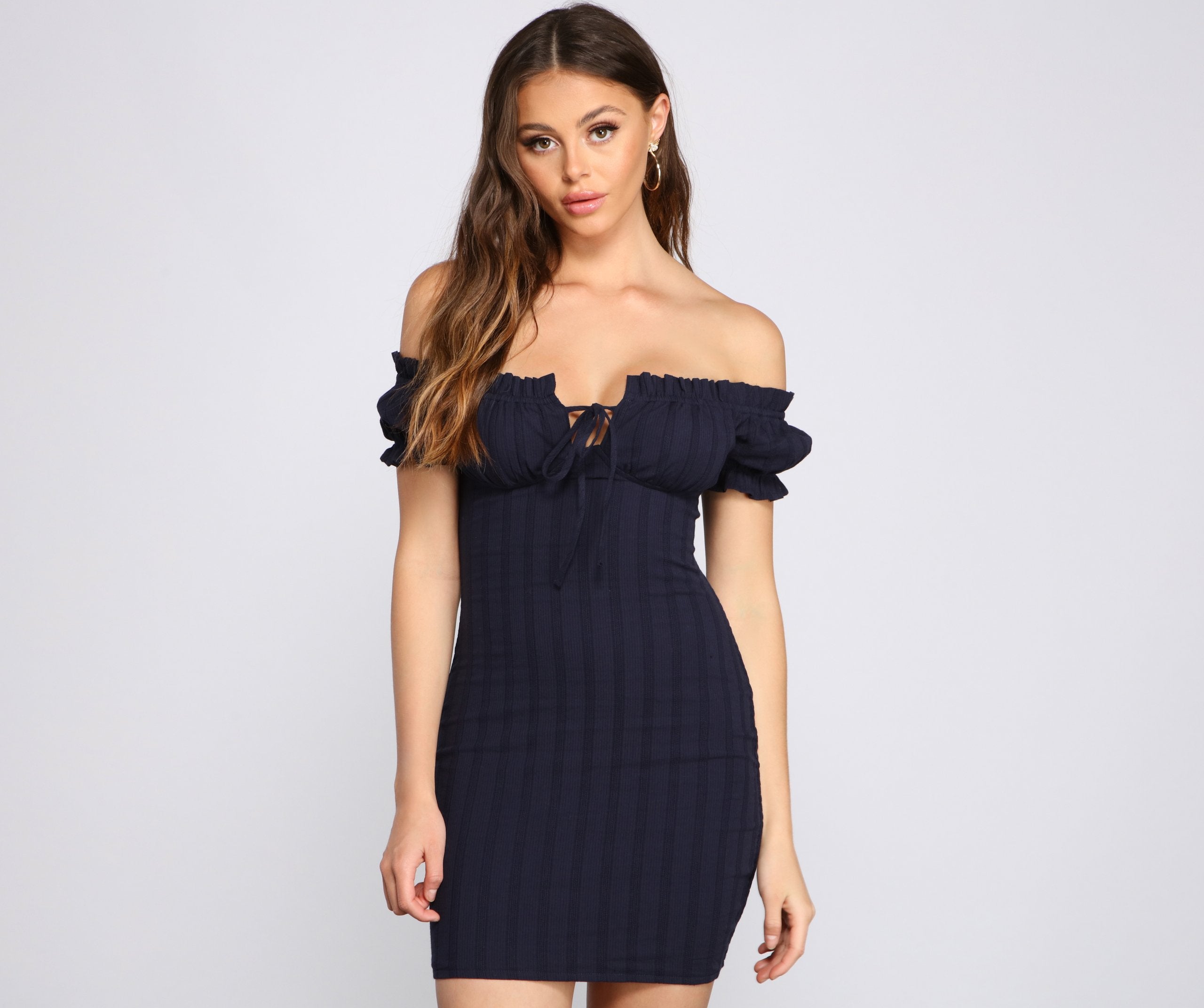 Show 'Em Off Shoulder Smocked Mini Dress - Fashionpara