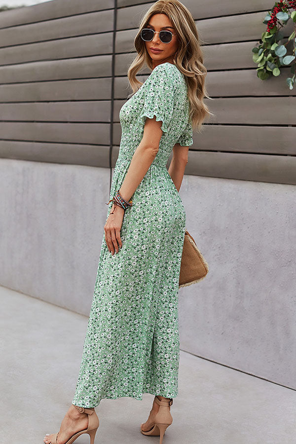 Deep V Neck Smocked Chest Floral Print Maxi Dress