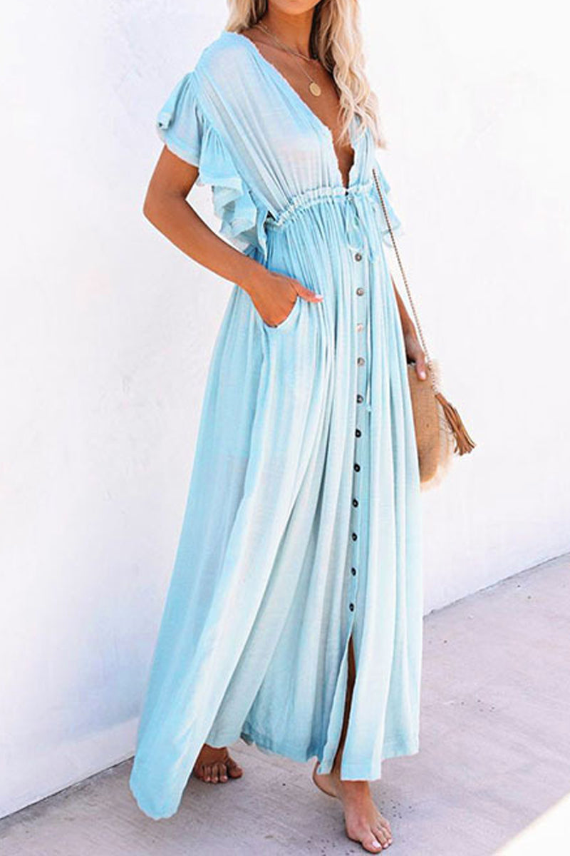 Bohemian Flowy Button-Up Open Front Maxi Cover Up