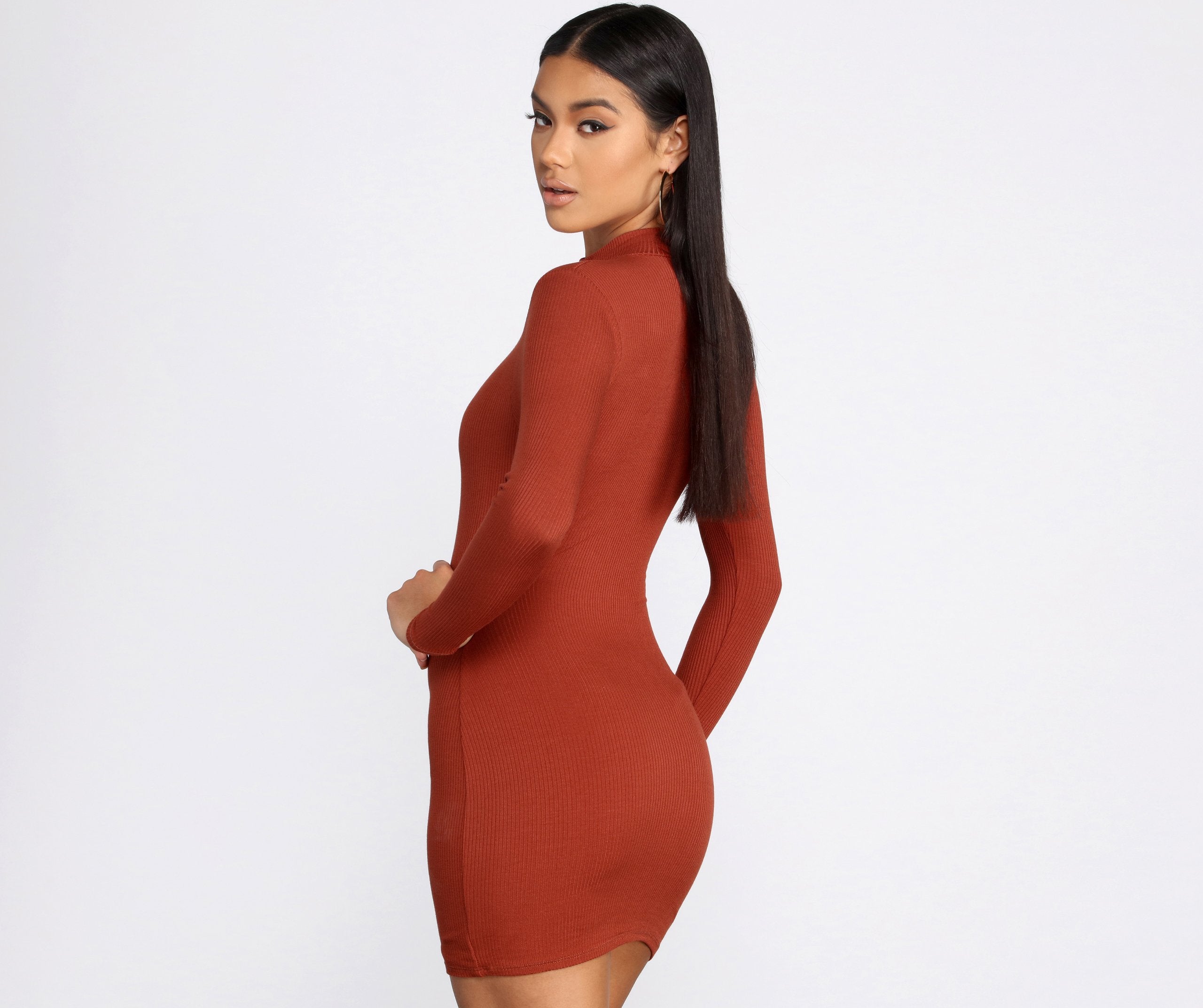 Ribbed Knit Mock Neck Mini Dress