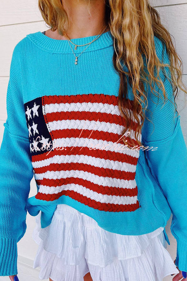 Independence Day Patchwork Long Sleeved Crew Neck Knitted Sweater