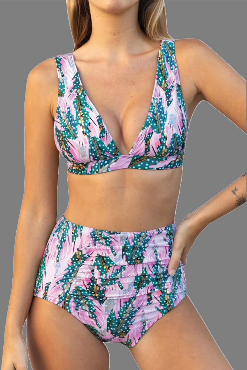 Print Deep V High Waist Two Pieces Swimsuit