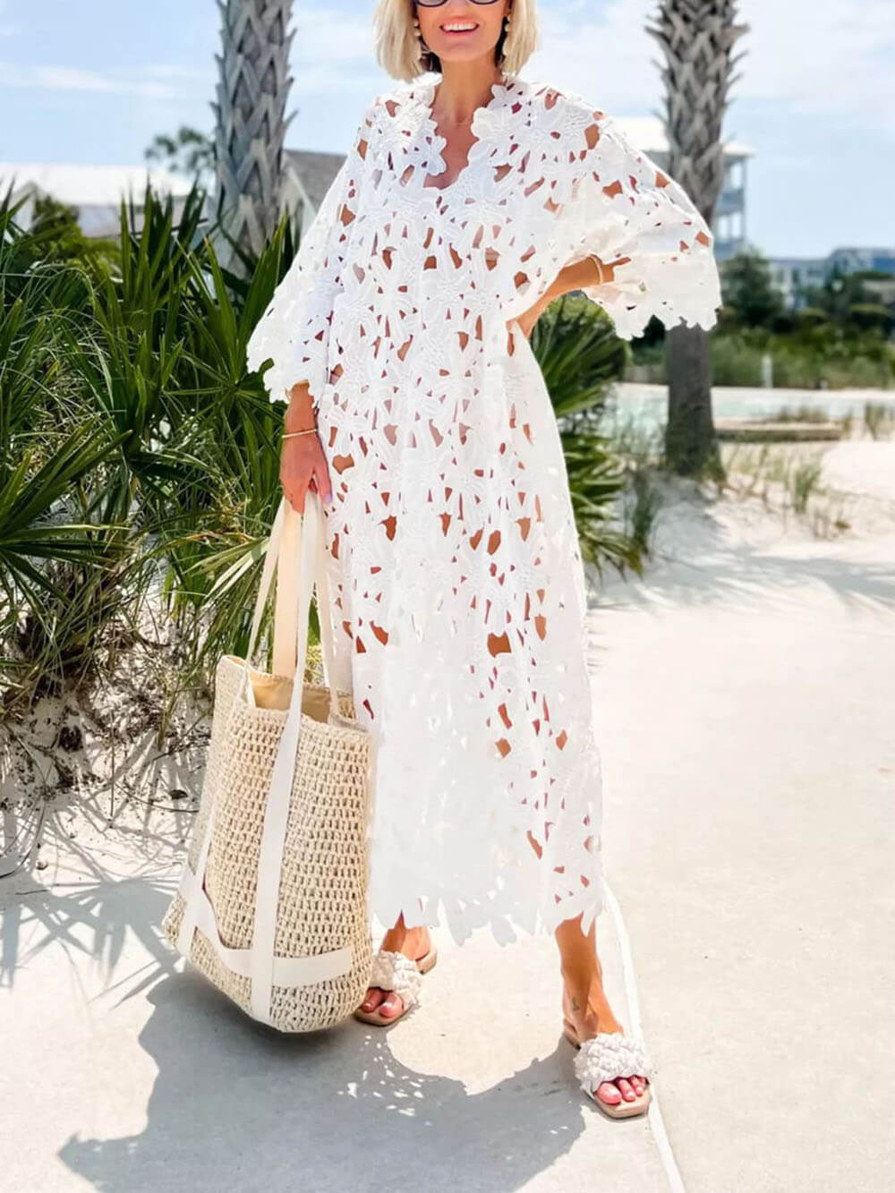 Lace Cover Up Beach Midi Dress - Fashionpara