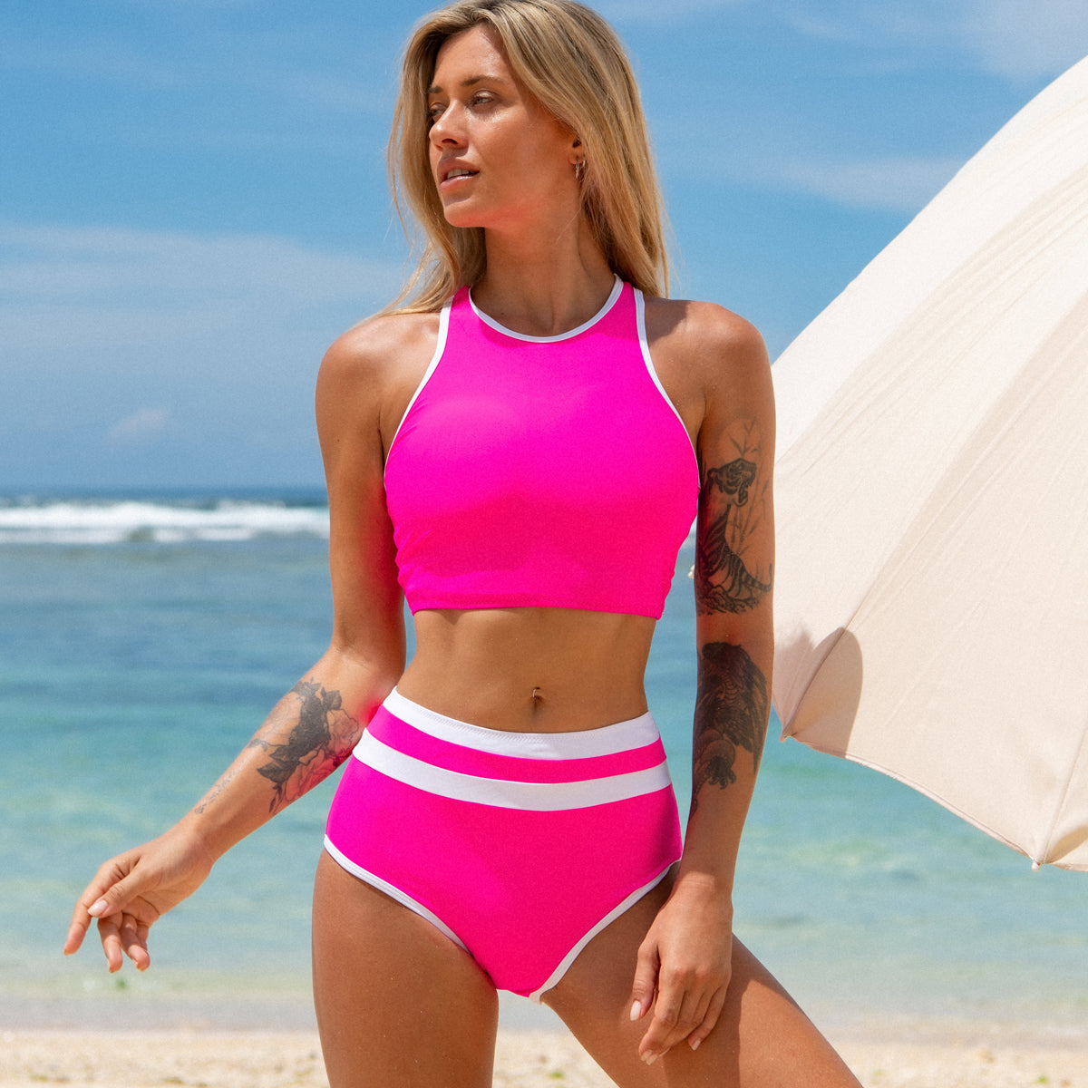 Color Block Round Neck Bikini Set