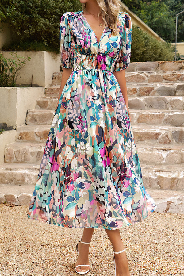 V Neck Smocked Waist Floral Print Maxi Dress